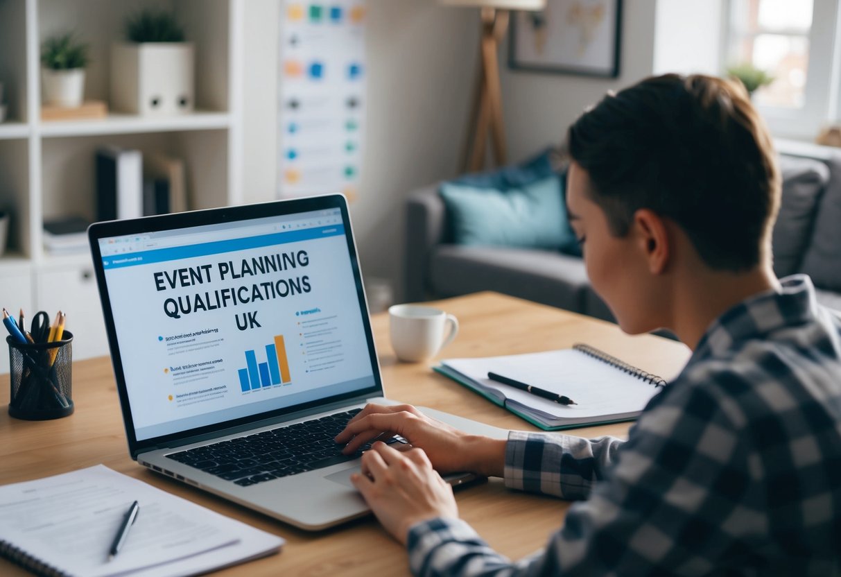 A person researching event planning qualifications and skills in the UK using a laptop and taking notes in a cozy home office