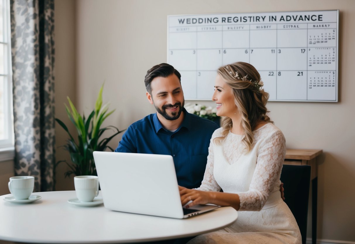 A couple sits at a table with a laptop, discussing wedding registry items. Calendar on wall shows months in advance