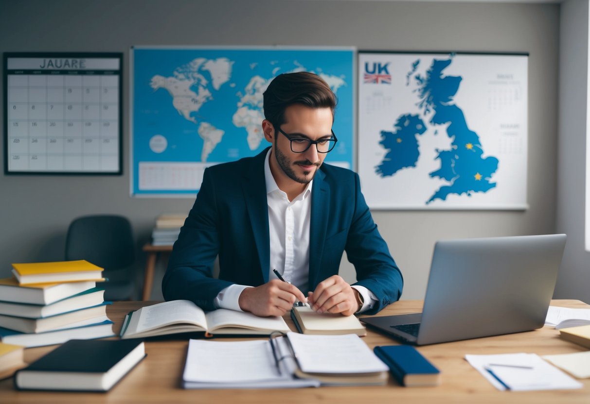 A person researching on a laptop, surrounded by books and notes, with a map of the UK and a calendar on the wall