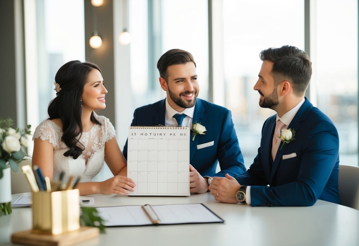 A couple sits at a table with a calendar, discussing wedding plans with a wedding planner