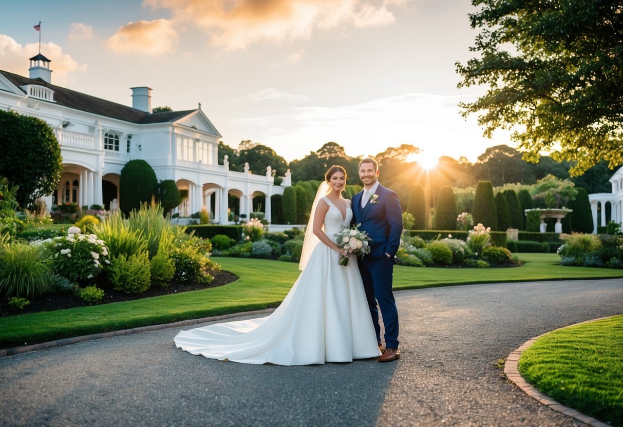 A couple stands outside a picturesque wedding venue, surrounded by lush gardens and elegant architecture. The sun is setting, casting a warm glow over the scene