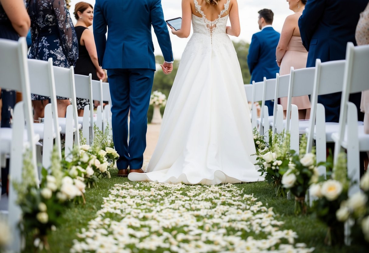 A bride and groom stand at the end of a flower-lined aisle, listening to different songs on a tablet, trying to decide on the perfect wedding aisle song