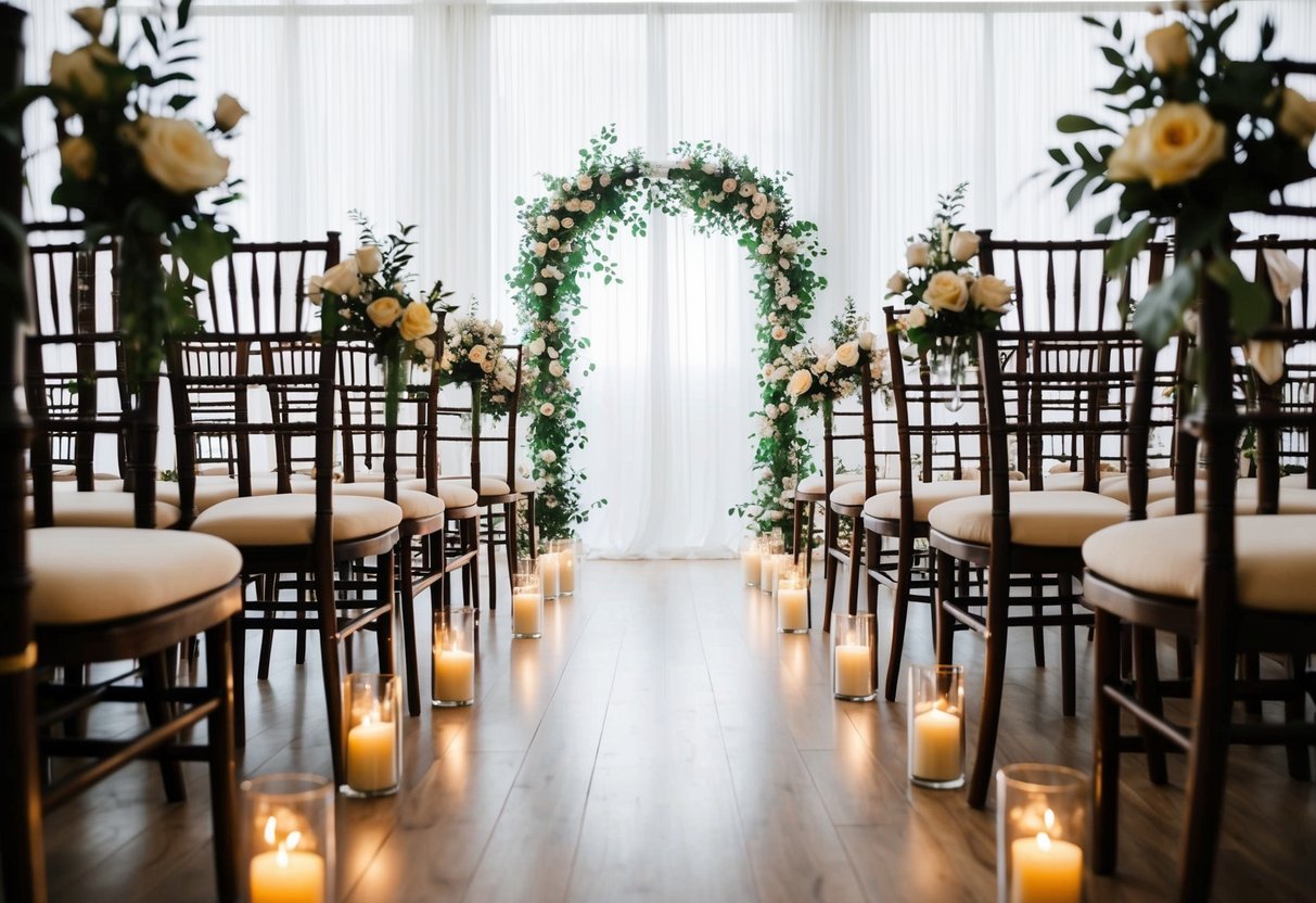 A wedding aisle with two rows of chairs, adorned with flowers and candles, leading to a beautiful arch at the end