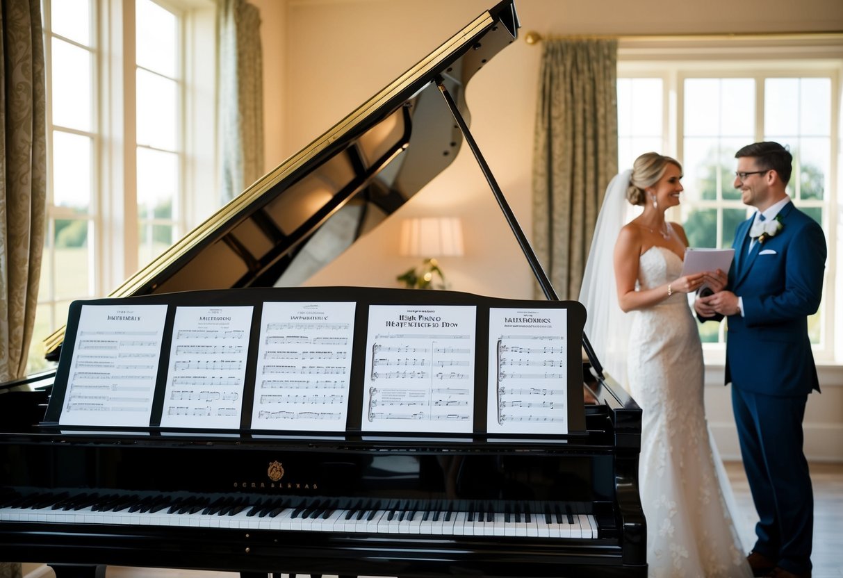 A grand piano sits in a sunlit room, adorned with sheet music of iconic wedding songs. A bride and groom stand nearby, discussing their options