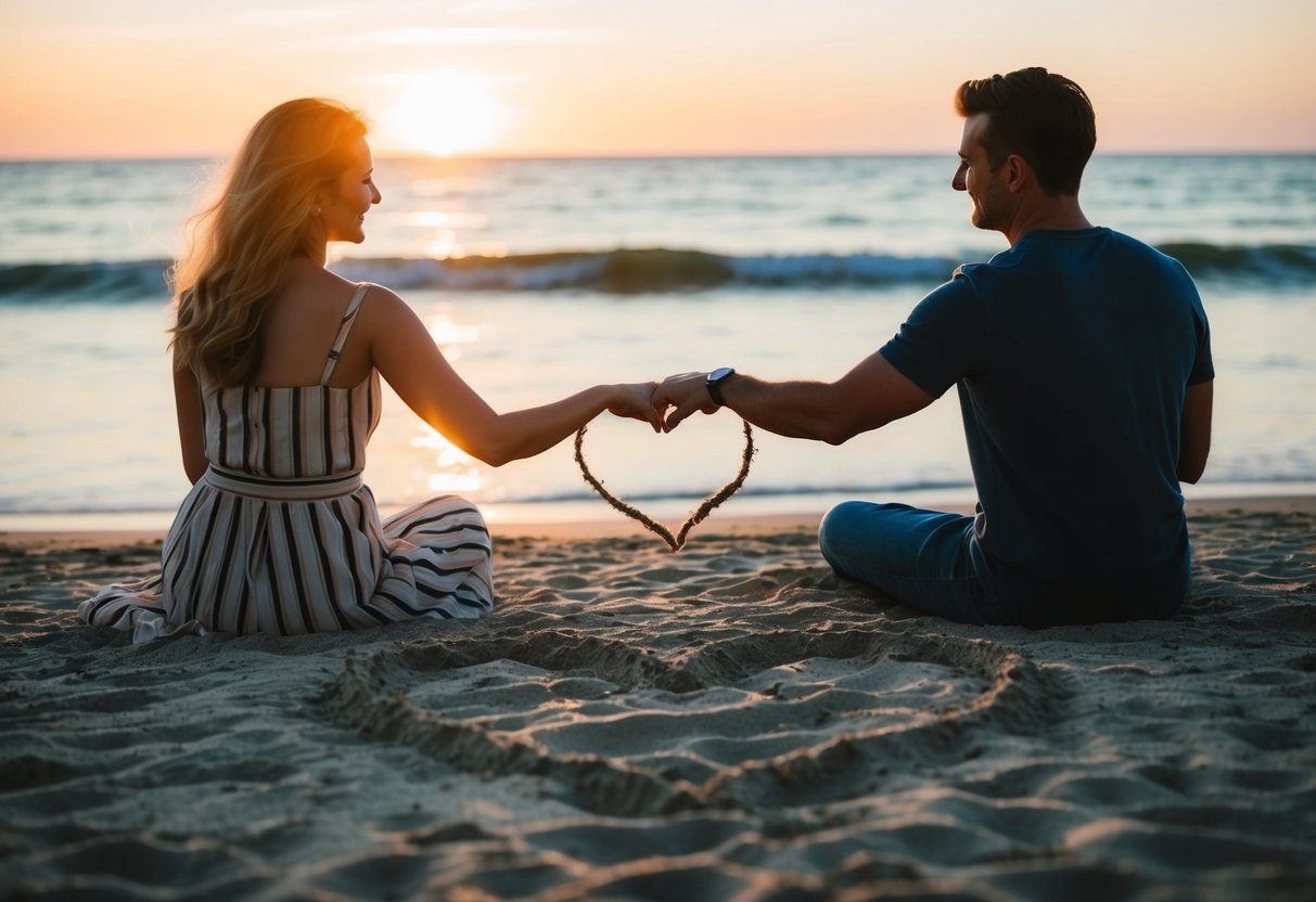 A couple sitting on a beach at sunset, holding hands and looking out at the ocean, with a heart drawn in the sand