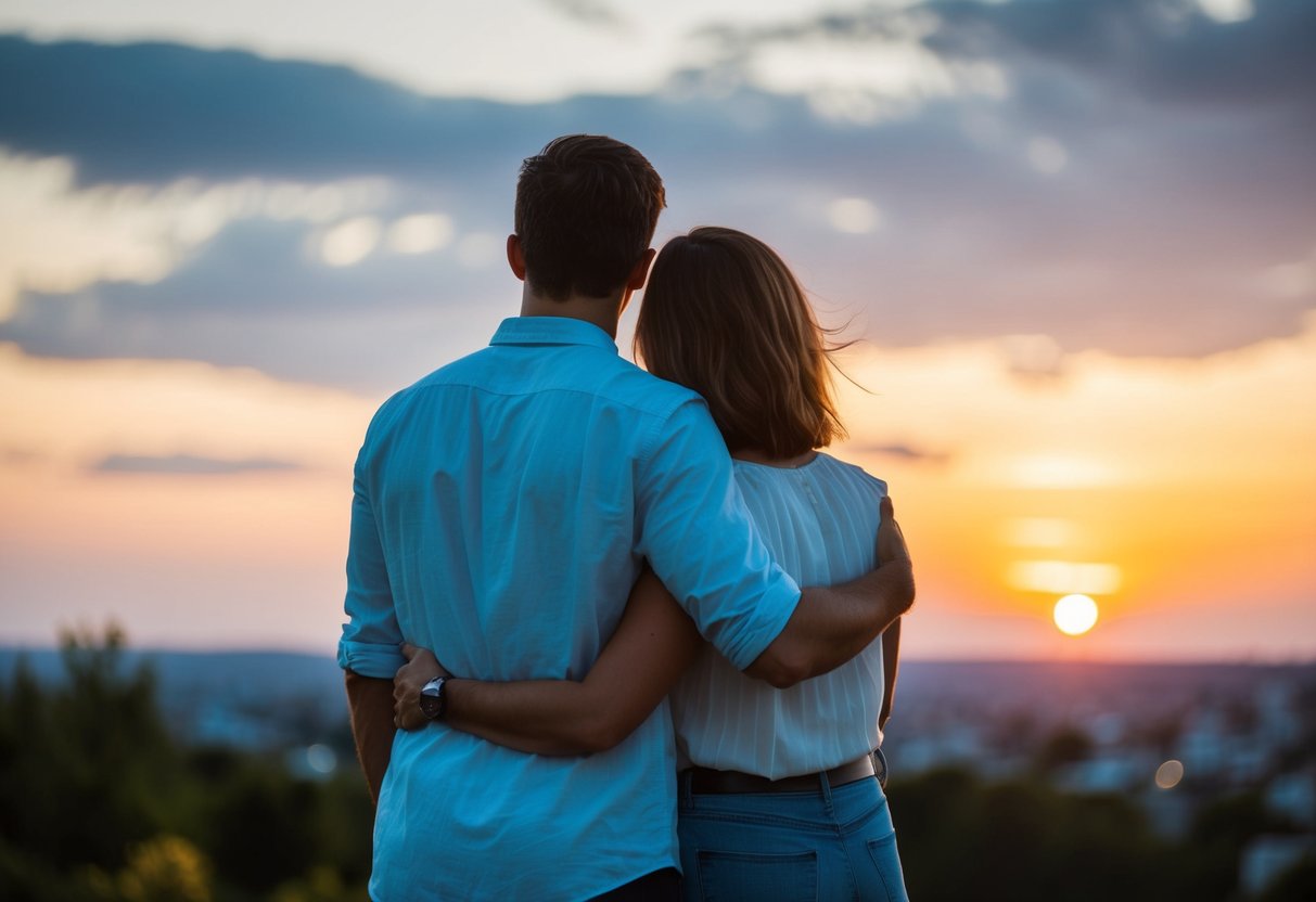 A couple standing side by side, facing a beautiful sunset, with their arms around each other, looking out with determination and hope in their eyes