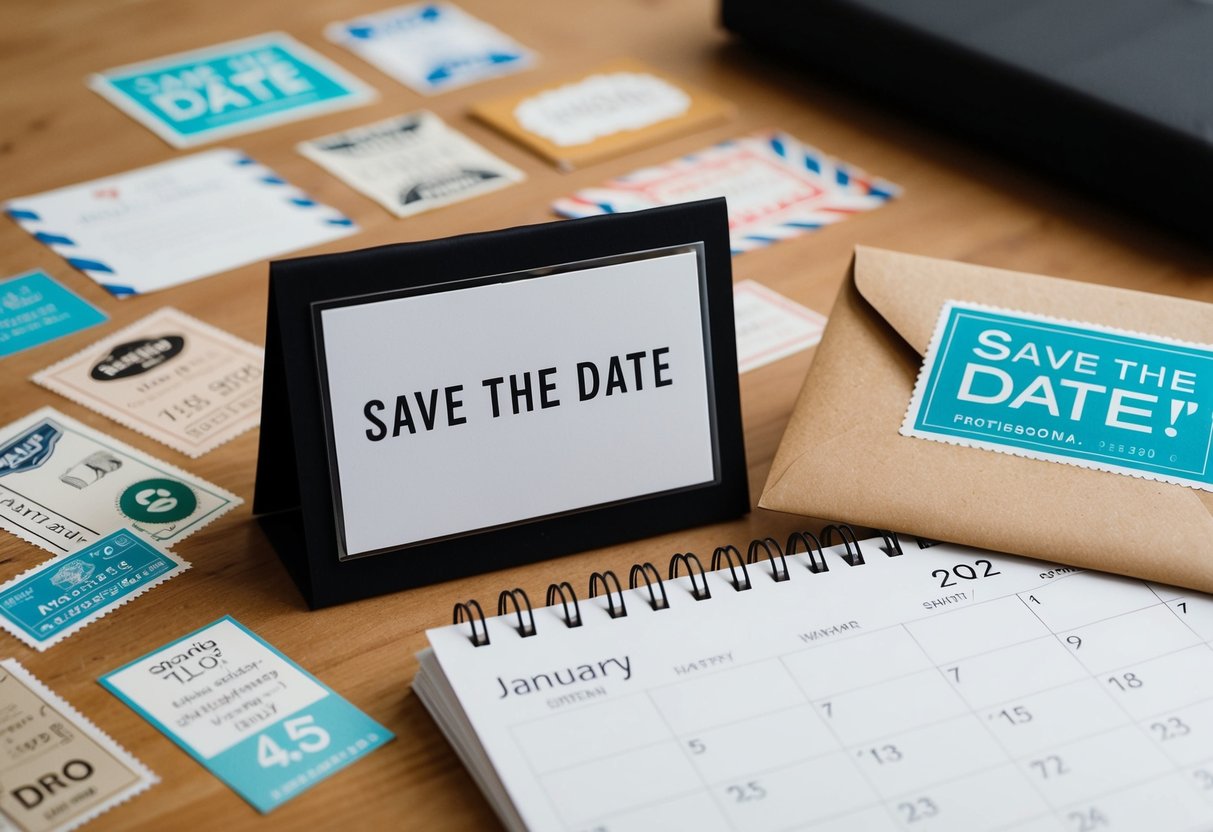 A calendar with a marked date and an envelope with a "Save the Date" card inside, surrounded by various postage stamps and address labels