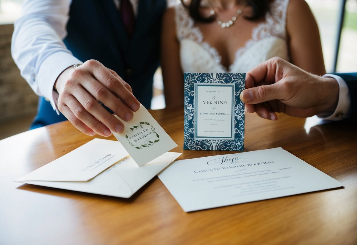 A couple places a decorative card with a website link next to their wedding invitation on a table