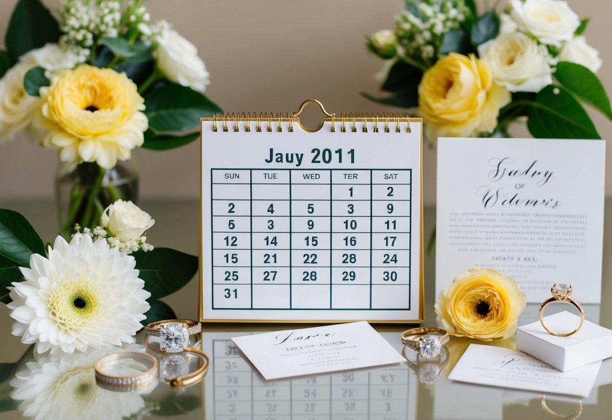 A calendar with a marked date, surrounded by wedding elements like flowers, rings, and invitations, all arranged in a cohesive and aesthetic manner