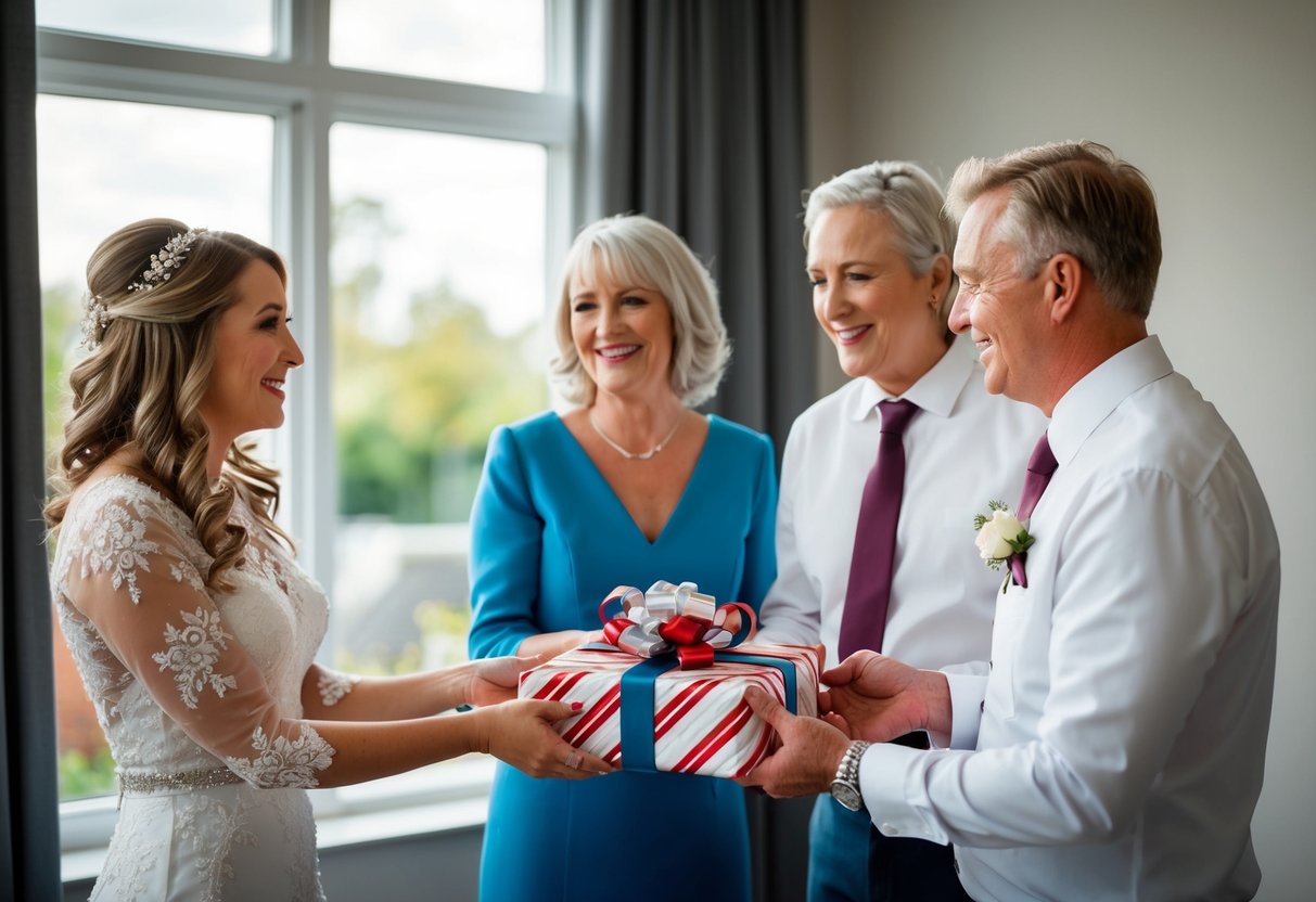 Parents present a wrapped gift to their daughter on her wedding day