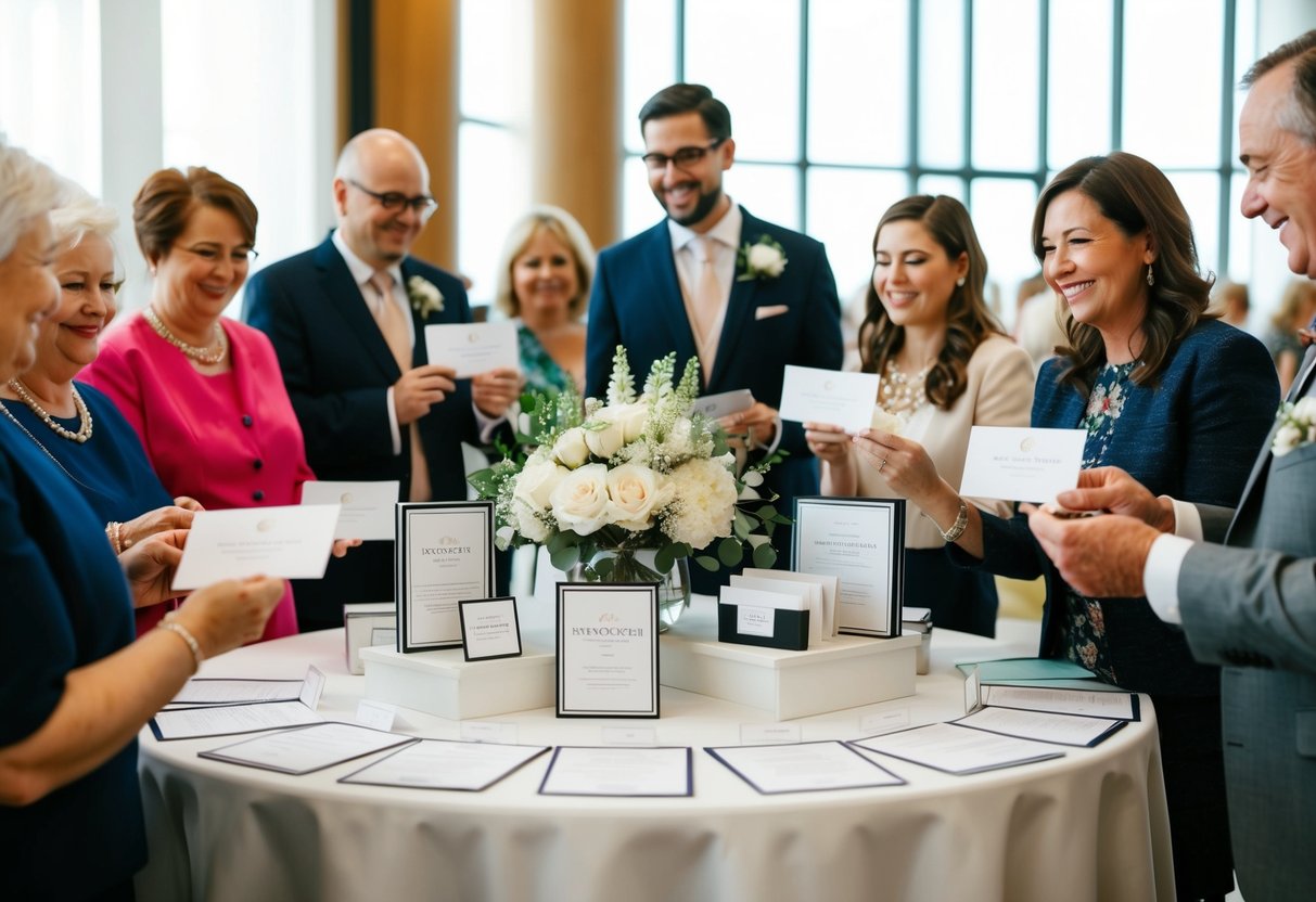 A table with wedding registry items displayed, surrounded by happy guests receiving information cards