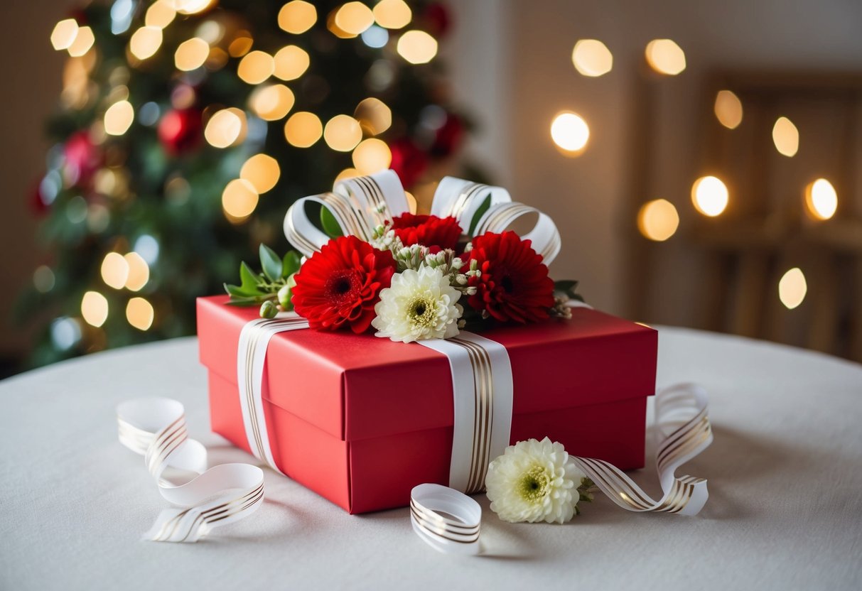 A beautifully wrapped gift box sits on a table, adorned with ribbons and flowers. It exudes a sense of love and tradition