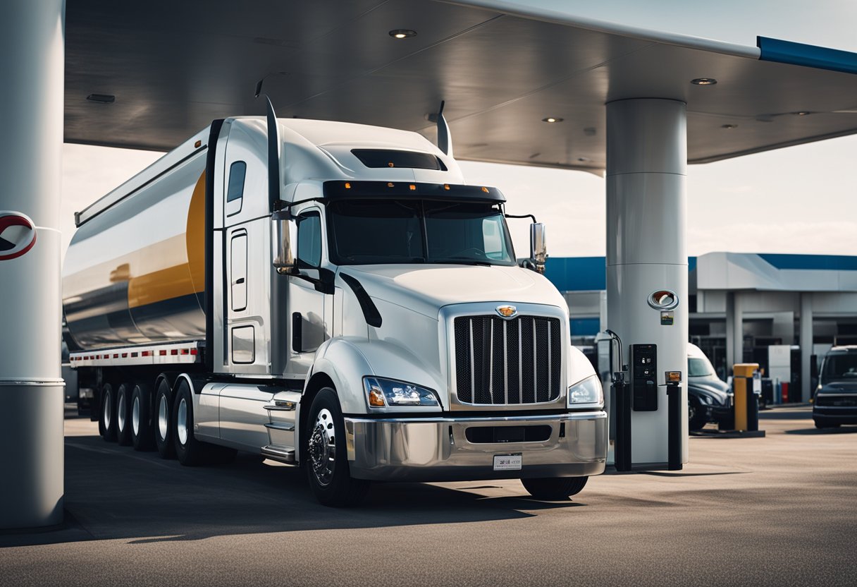 A semi truck parked at a fuel station, with the driver filling up the tank with diesel oil