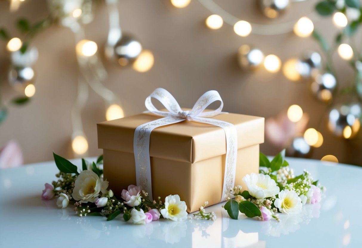 A beautifully wrapped gift box sits on a table, surrounded by delicate flowers and elegant decorations