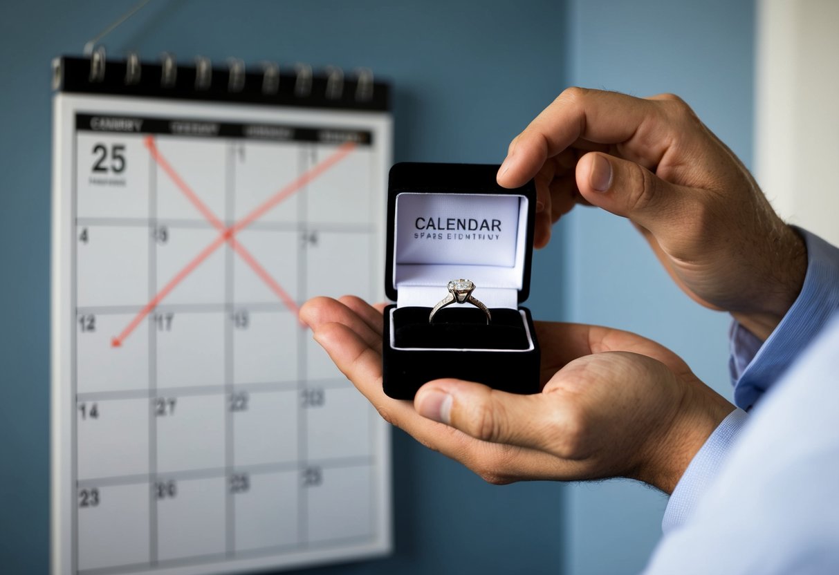 A man's hand holds a ring box open, revealing the ring inside. A calendar with the current date crossed out hangs on the wall behind him