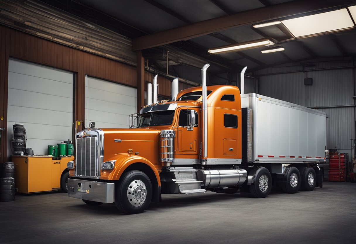 A semi truck parked in a mechanic's garage, with various models displayed, each labeled with their preferred engine oil