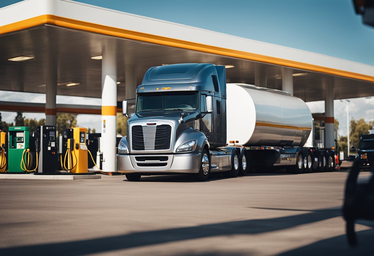 A semi truck parked at a gas station, with the driver filling up the tank with oil while other vehicles wait in line