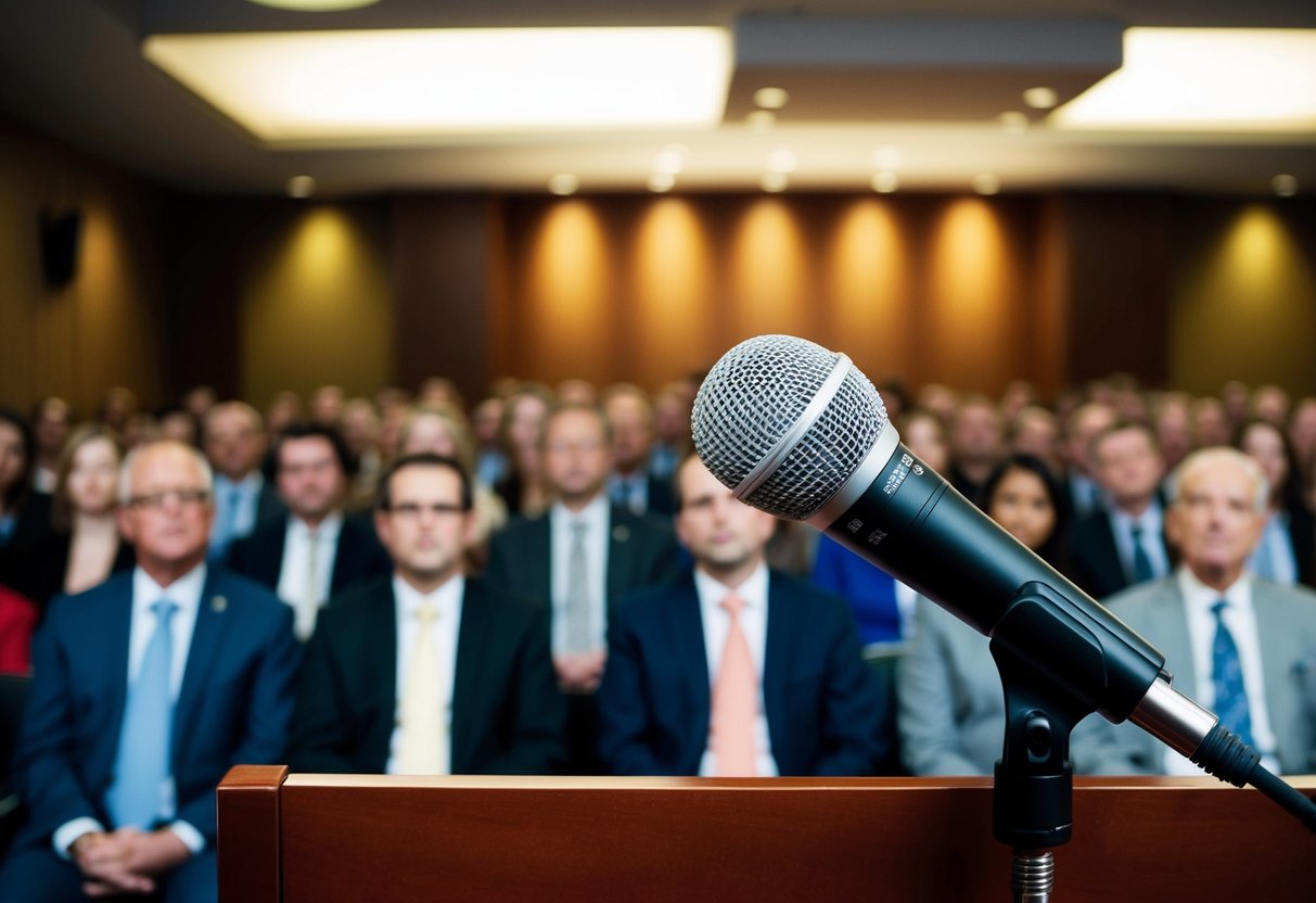 A microphone on a podium in front of a room filled with expectant faces