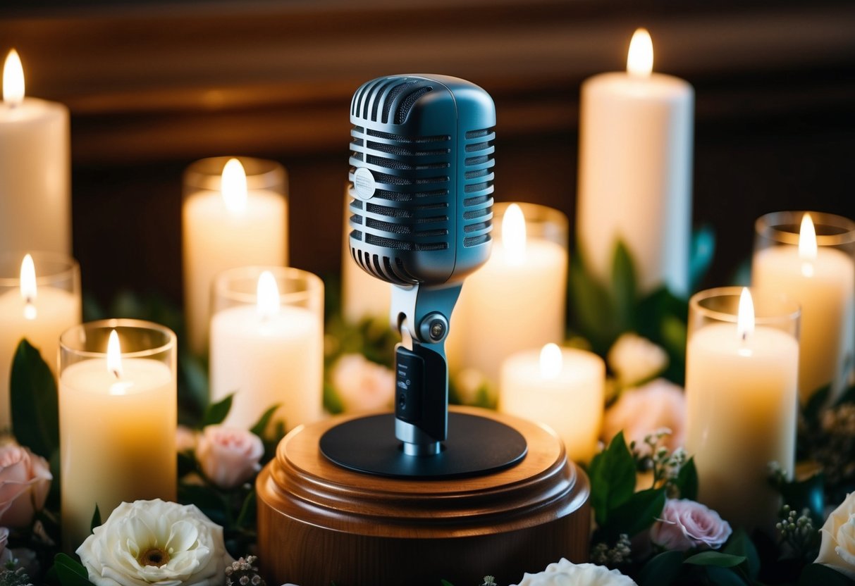 A microphone stands on a wooden podium, surrounded by soft candlelight and delicate floral arrangements