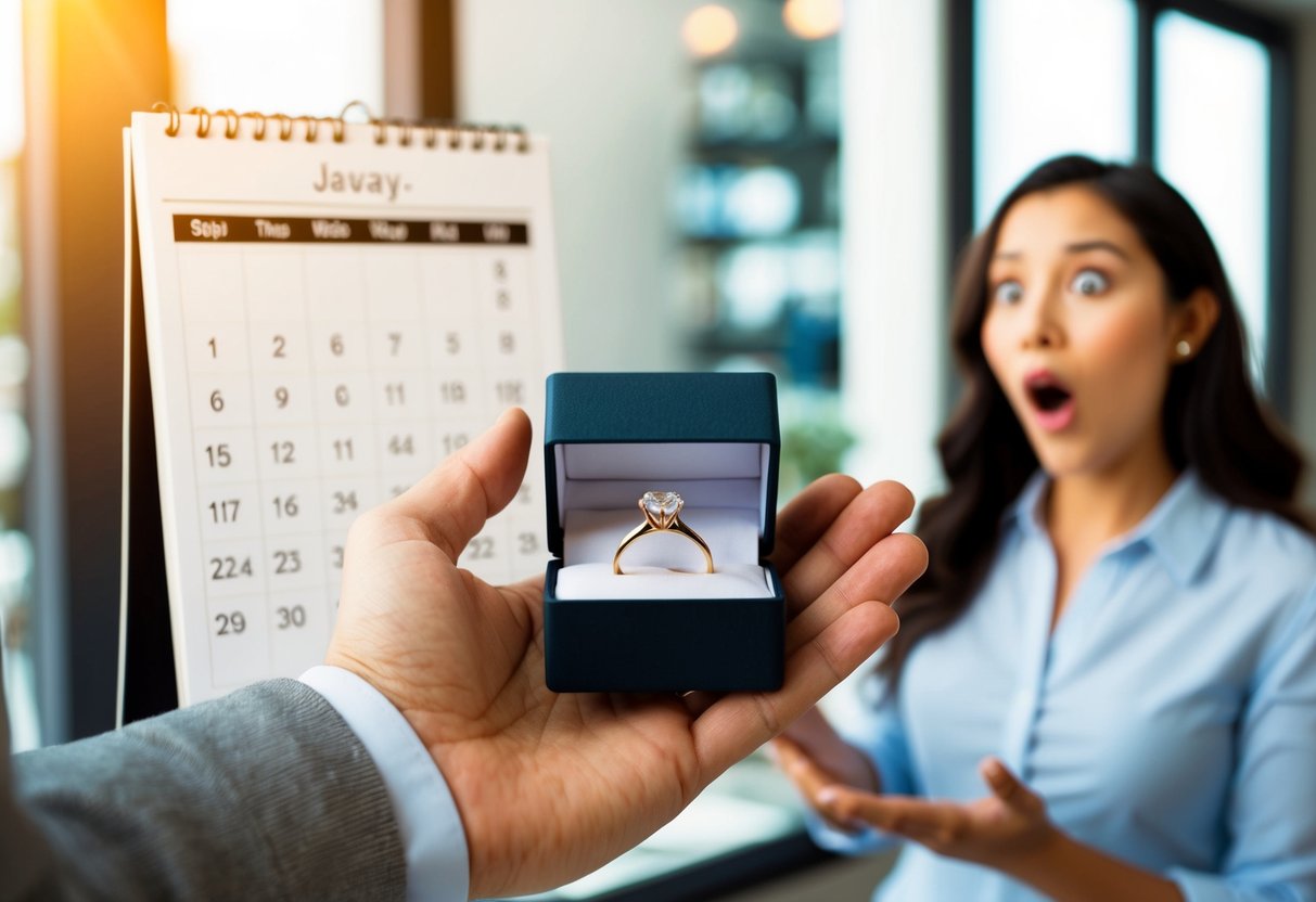 A man's hand holding a ring box, a calendar with days passing, and a woman's surprised expression