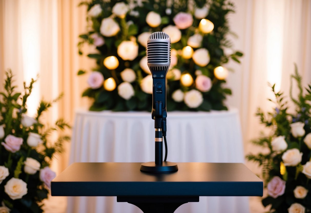 A microphone stands alone on a podium, surrounded by soft, romantic lighting and a backdrop of flowers and elegant decor