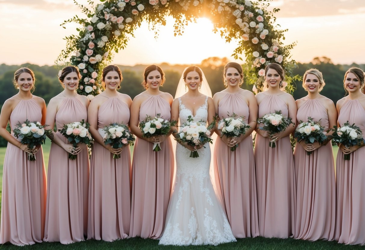 Twelve bridesmaids stand in a line, holding bouquets, in front of a floral archway. The sun sets behind them, casting a warm glow