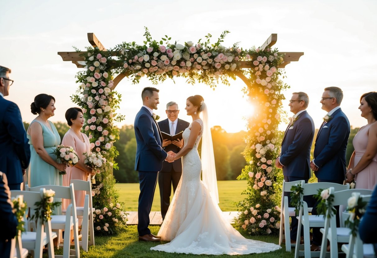 A bride and groom stand beneath a floral arch, surrounded by family and friends. The sun sets behind them, casting a warm glow over the traditional ceremony