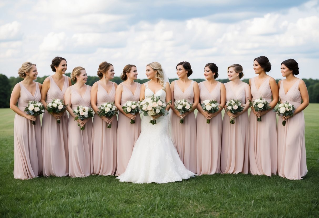 A bride surrounded by a group of 12 bridesmaids, each holding a bouquet, standing in a line
