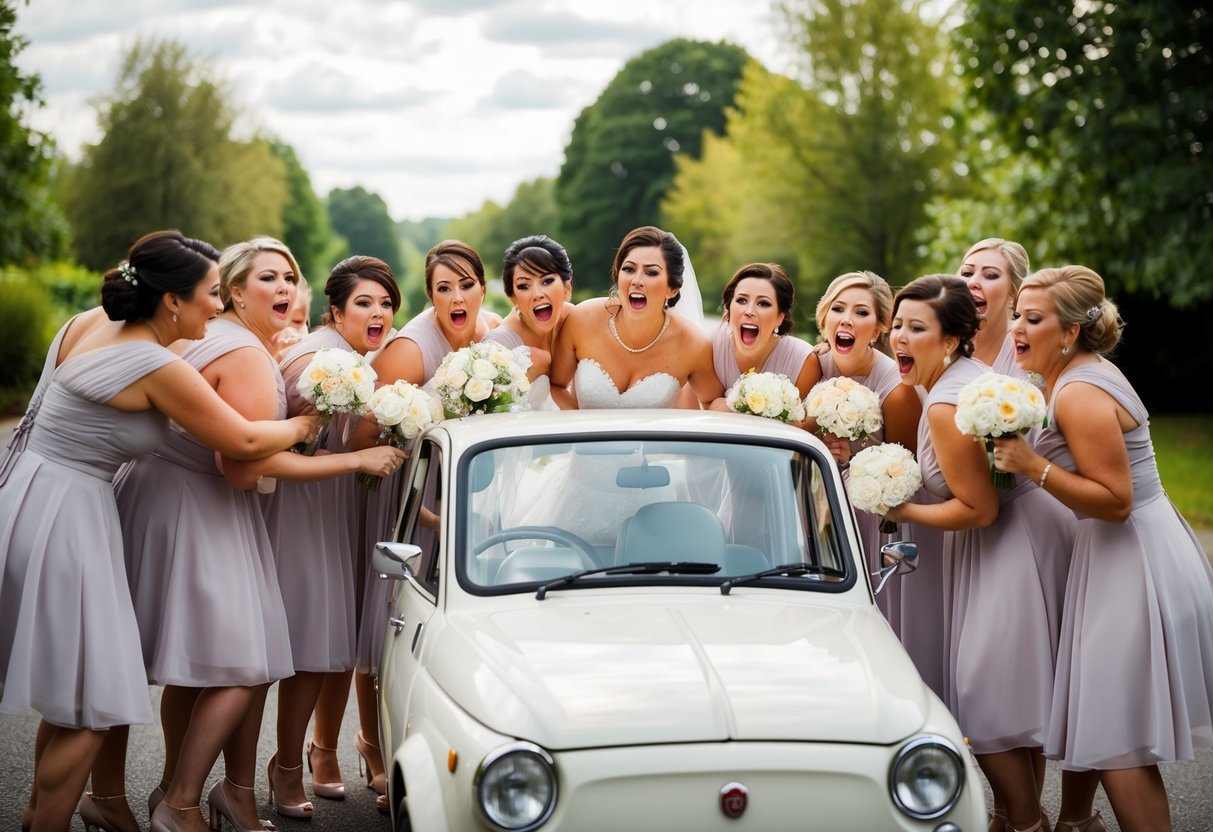 A bride surrounded by 12 bridesmaids, struggling to fit into a small wedding car