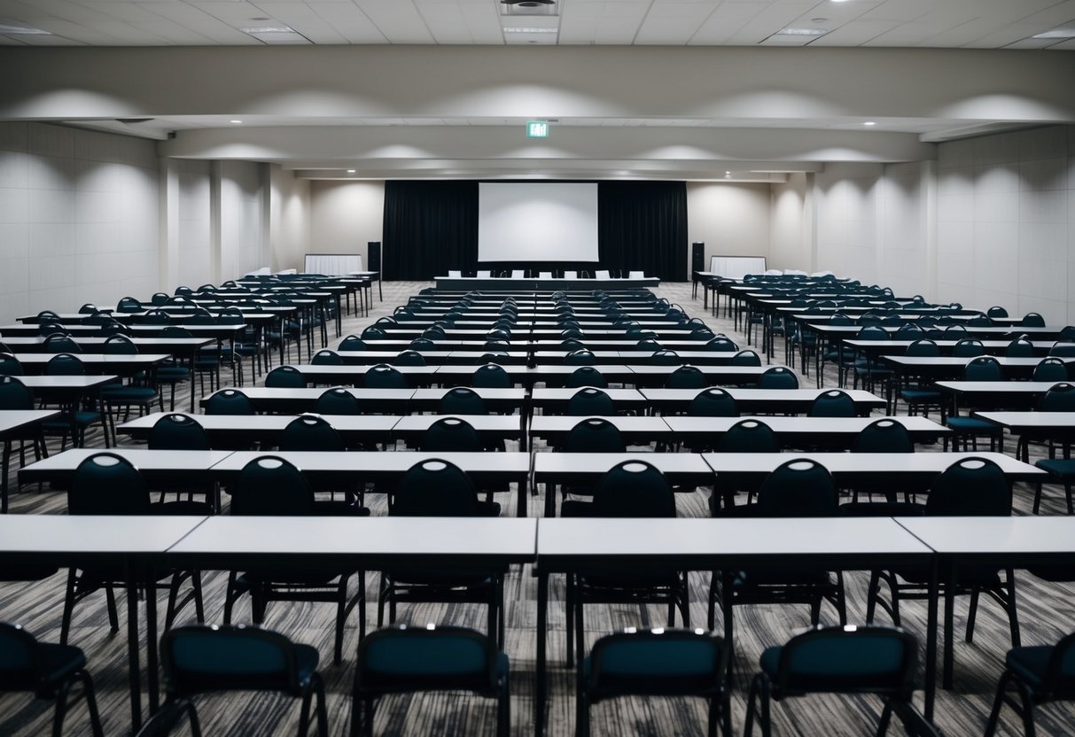 A large, empty room with rows of tables and chairs arranged in a grid pattern, with space for aisles in between