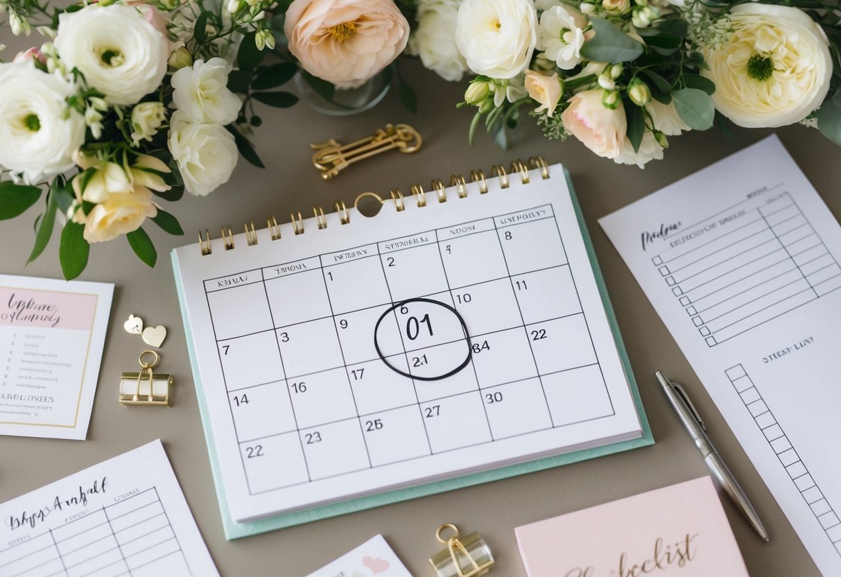 A calendar with a wedding date circled, surrounded by planning materials like flowers, invitations, and a checklist