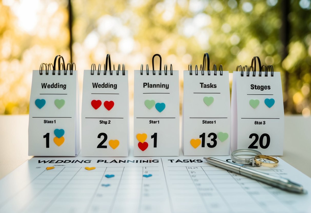 A calendar with wedding planning tasks marked in different stages leading up to the wedding day