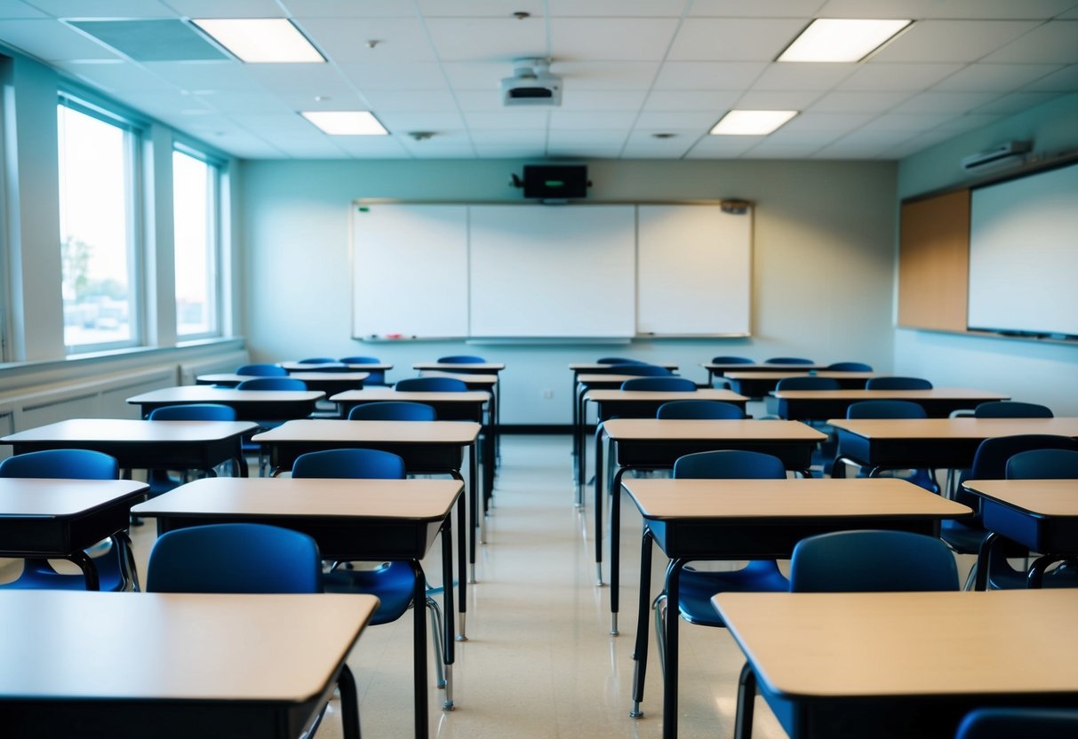 A classroom with rows of desks and chairs arranged in a neat and organized manner, with a clear aisle down the middle