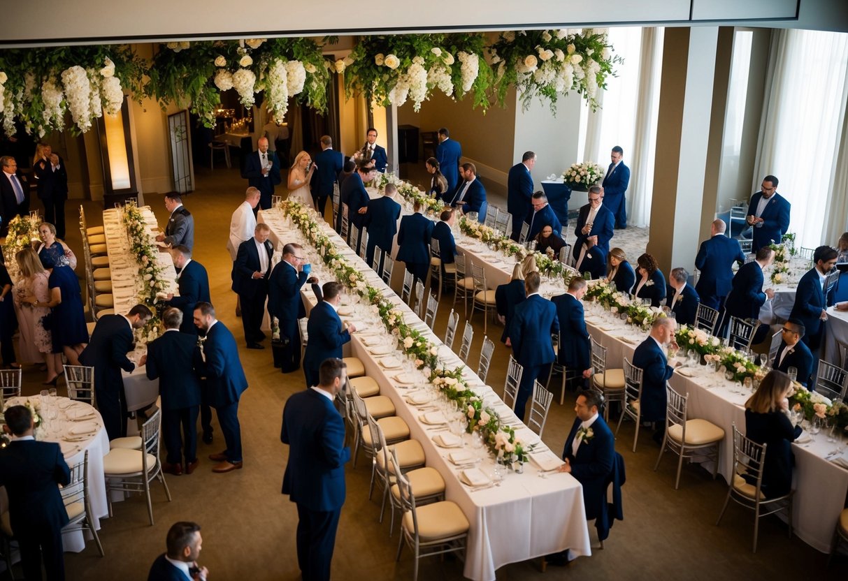 A bustling wedding venue with staff coordinating details, guests arriving, and vendors setting up. Tables are being arranged, flowers are being placed, and the atmosphere is filled with anticipation