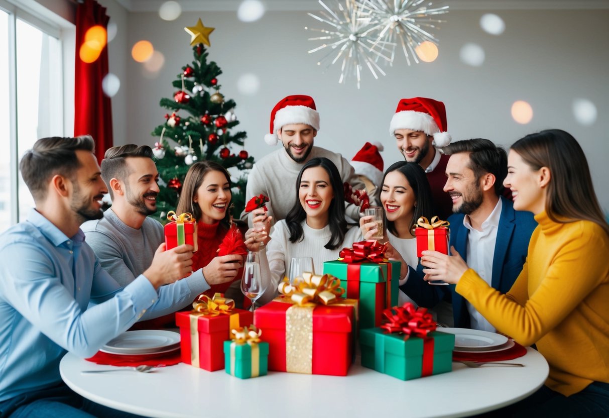A group of people celebrating around a table with gifts and decorations