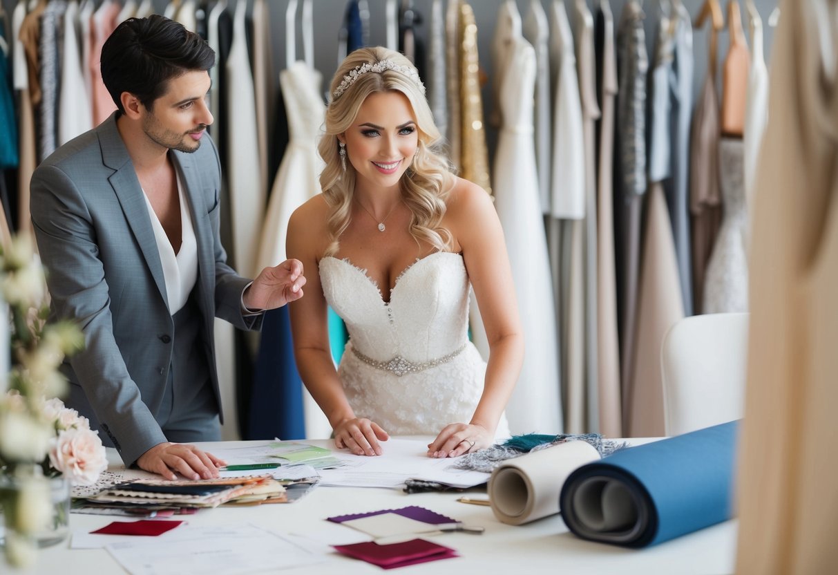 A bride-to-be surrounded by fabric swatches, sketches, and dress samples, consulting with a designer