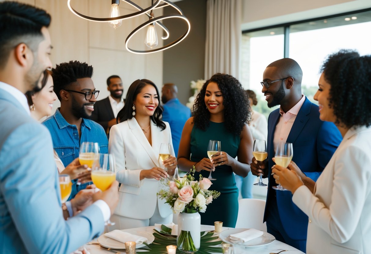 A group of diverse individuals socializing at a modern bridal shower, with both male and female attendees participating in the festivities