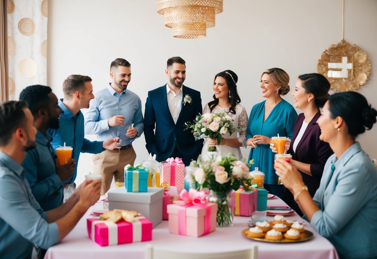 A group of men and women gather in a decorated room, chatting and laughing, with a table filled with gifts and refreshments for a bridal shower