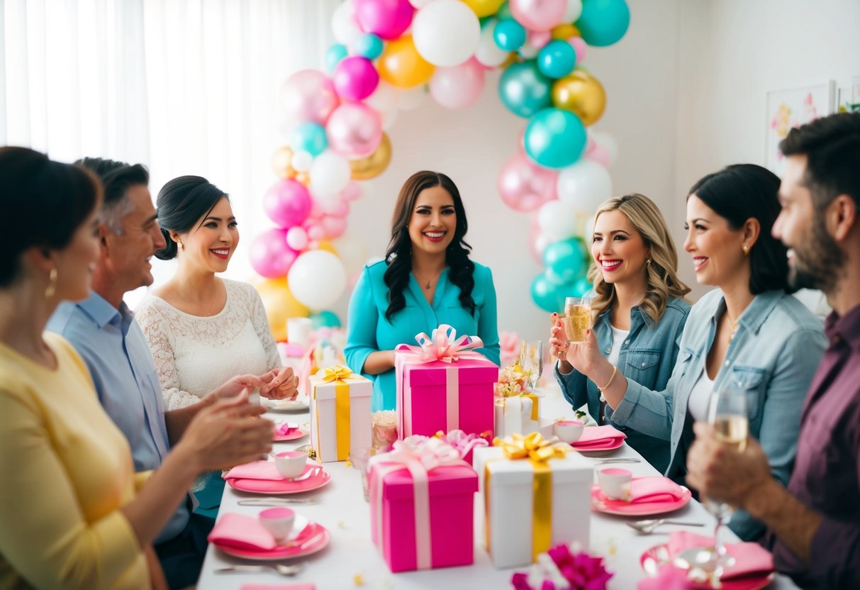A group of people at a bridal shower, with gifts and decorations. Some men are present, engaged in conversation and participating in the festivities