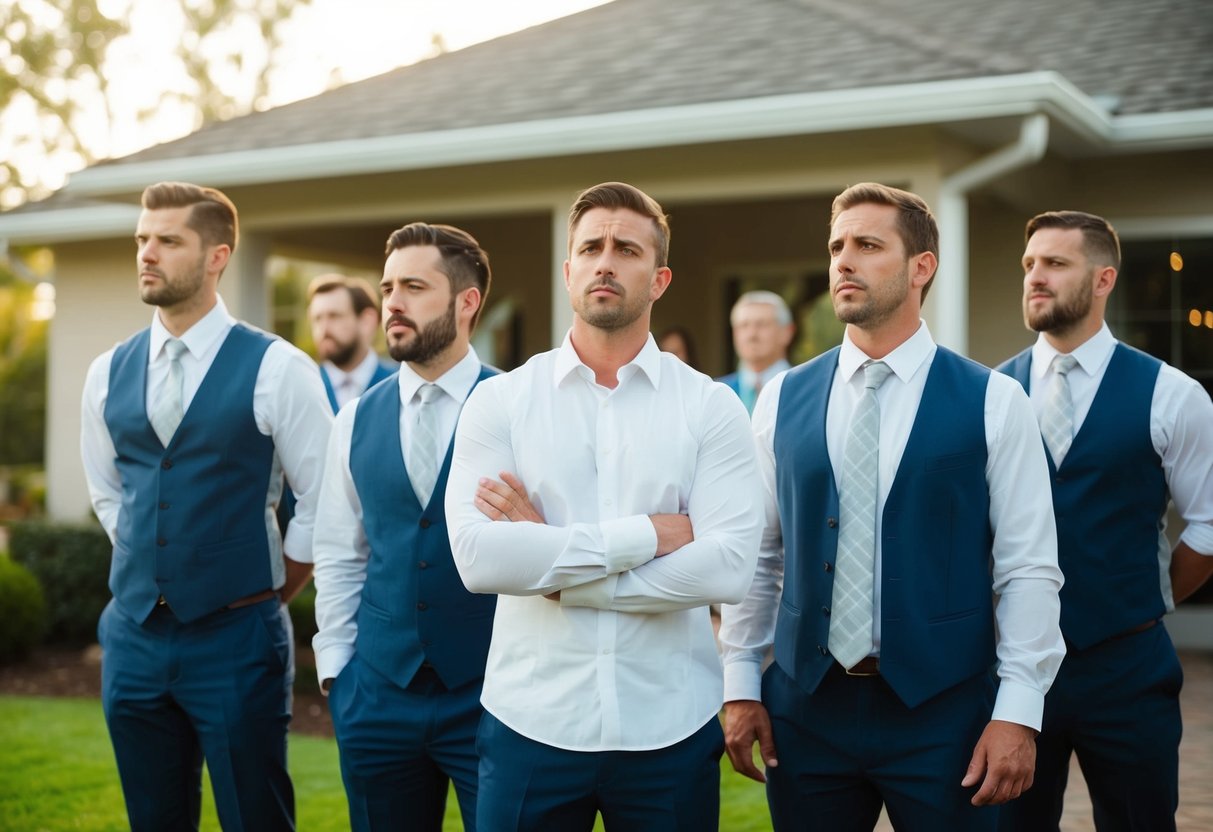 A group of male figures standing outside a bridal shower, looking uncertain and hesitant