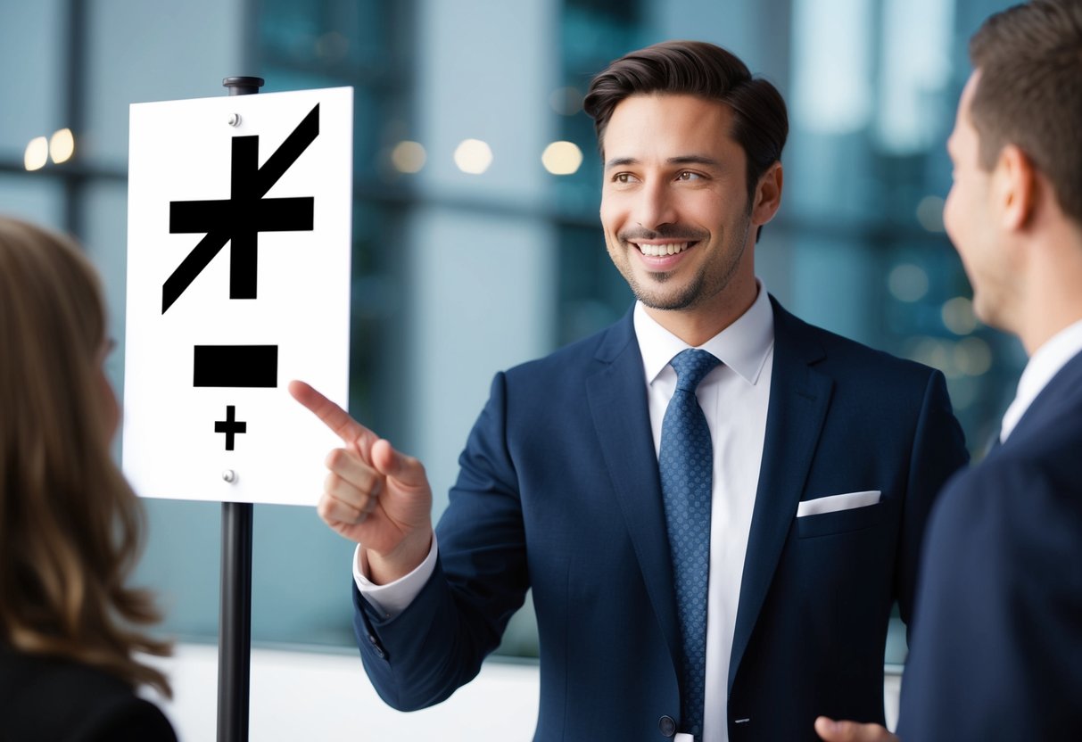 A host gesturing to a sign with a crossed-out plus one symbol, while smiling and politely explaining to a guest
