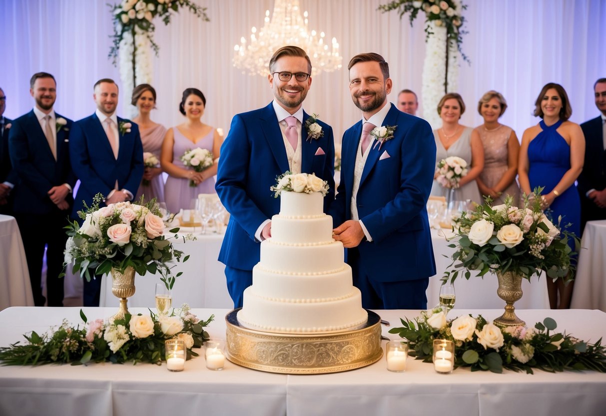 A traditional British wedding ceremony and reception, complete with decorations, flowers, and a grand cake, lasts for several hours into the evening