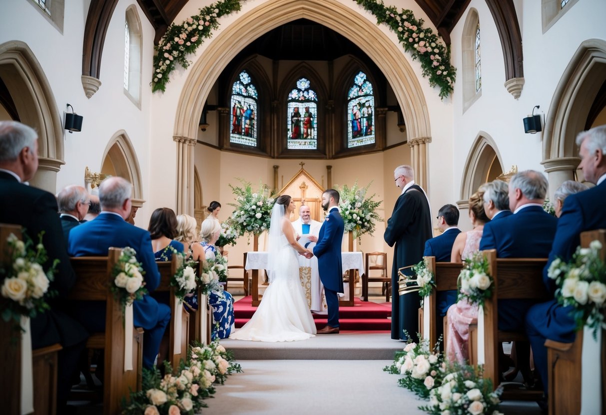 A British wedding ceremony: a grand church with floral decorations, guests seated, a couple standing at the altar, and a priest officiating