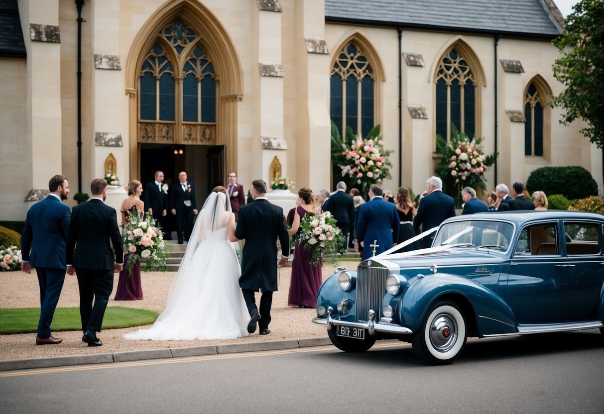 A grand church with floral decorations, guests arriving, and a vintage car waiting outside