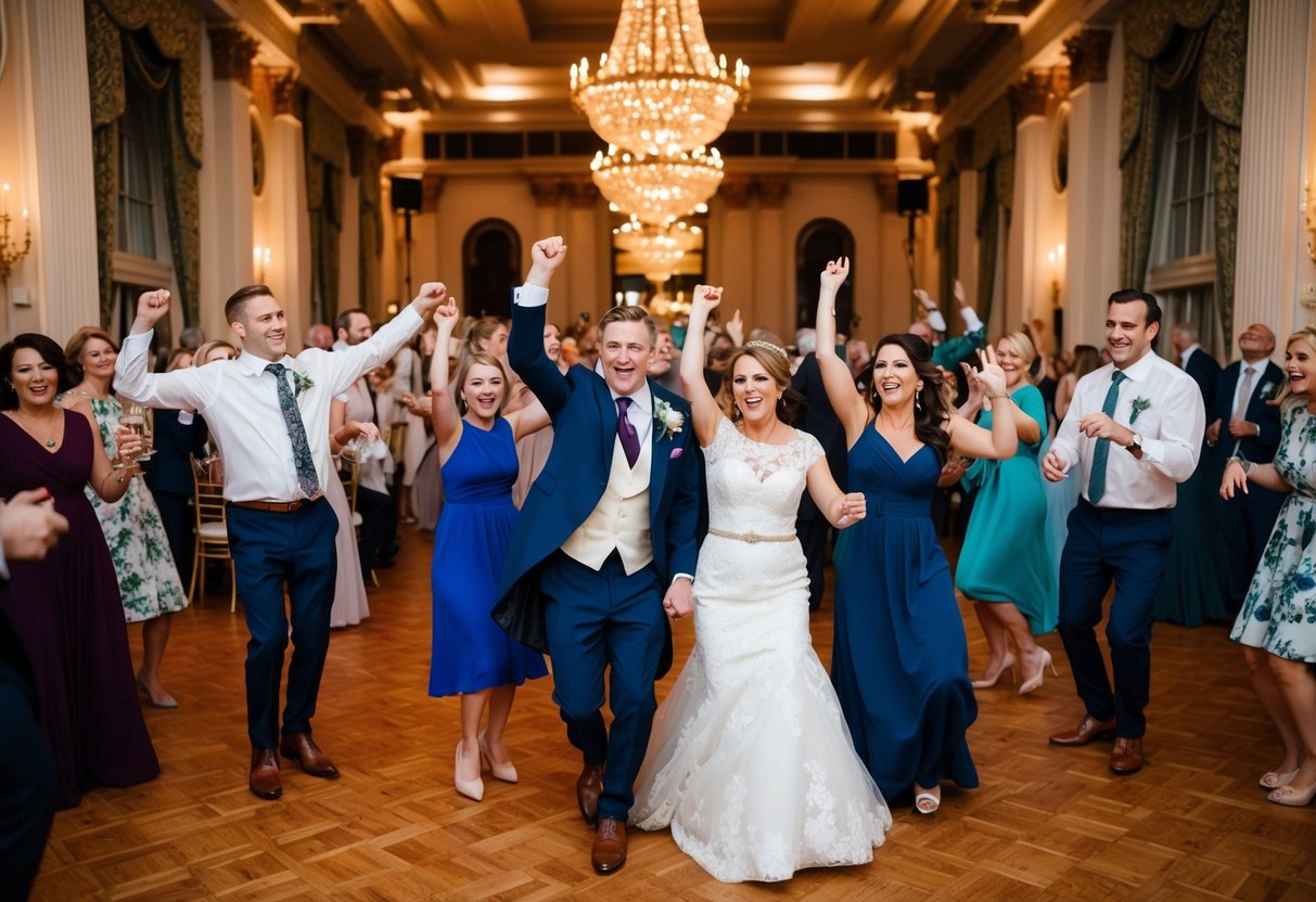A grand reception hall filled with elegant decorations and joyful guests celebrating a British wedding, with lively music and dancing