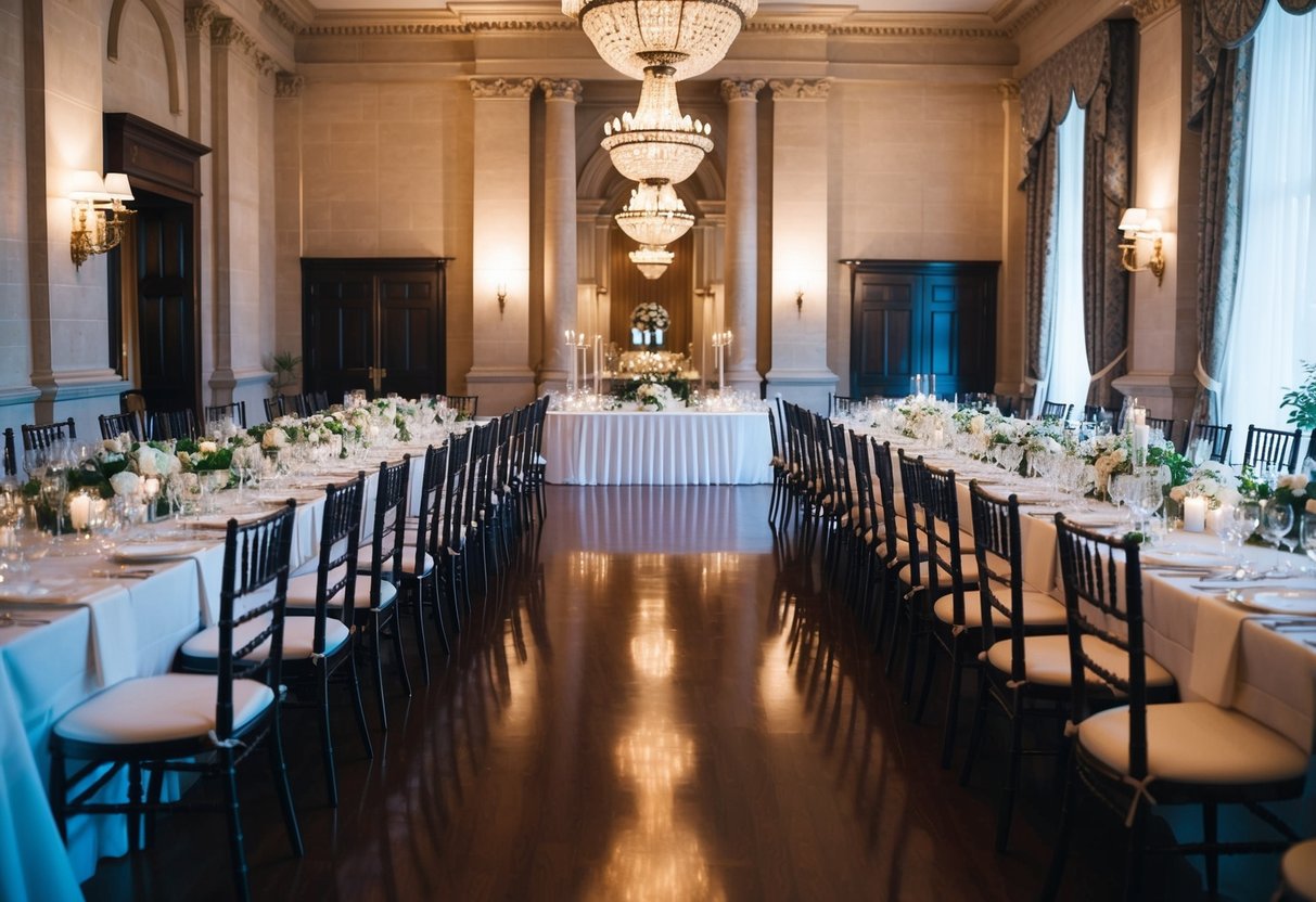 A traditional British wedding reception in a grand hall, with elegant decor and a long banquet table set for a formal dinner