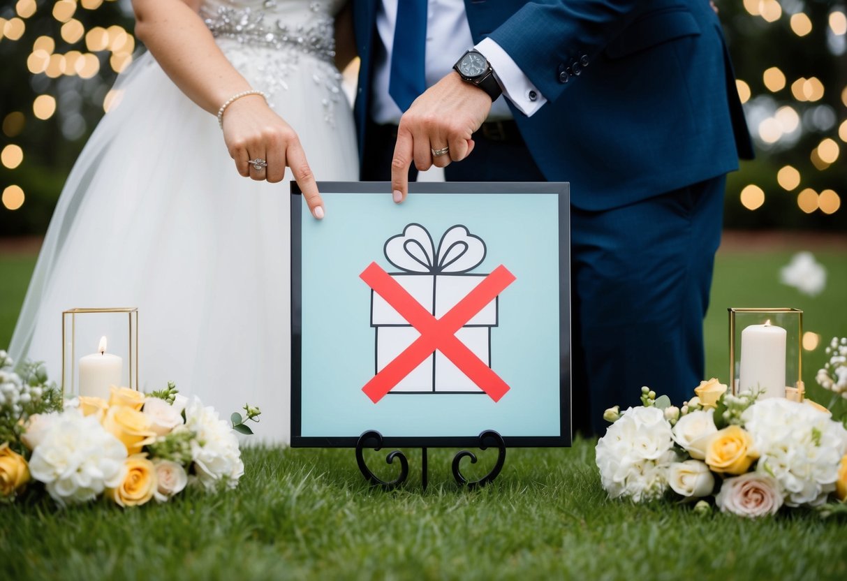 A couple pointing to a sign with a crossed-out gift box, surrounded by flowers and wedding decorations