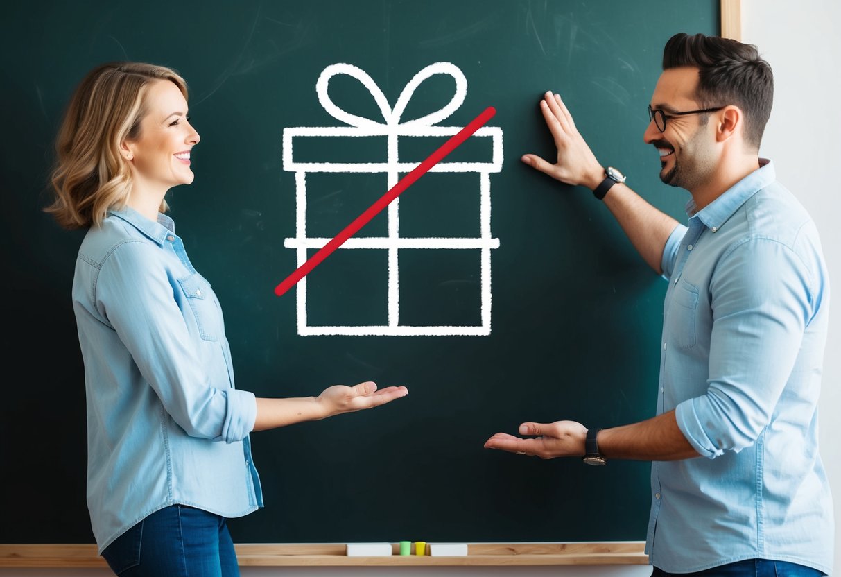A couple standing in front of a chalkboard with a simple, hand-drawn illustration of a gift box crossed out with a red "X". They are smiling and gesturing towards the drawing