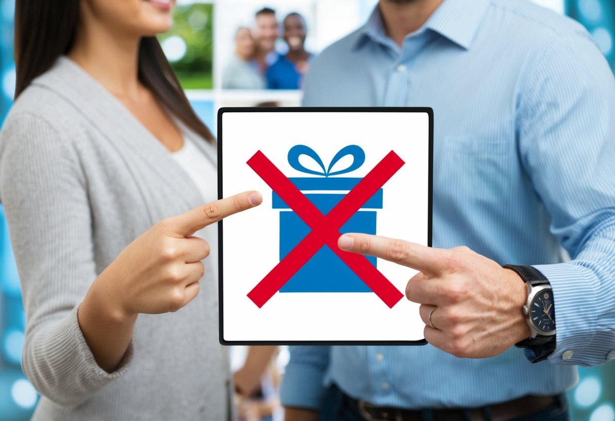 A couple pointing to a sign with a crossed-out gift box, surrounded by images of experiences and charitable donations