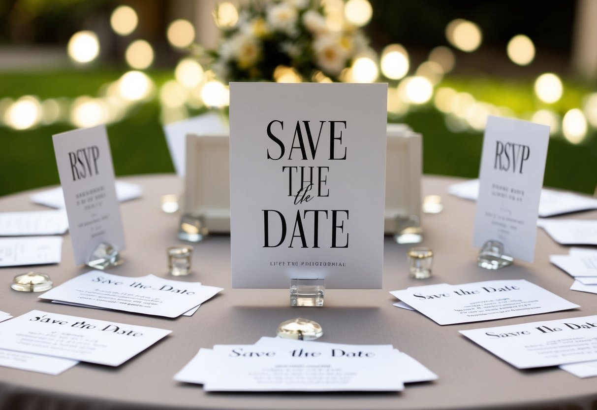 A table with a neatly organized guest list and RSVP cards scattered around, with a "Save the Date" card prominently displayed
